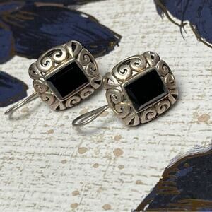 Vintage 90s 925 Sterling Silver Filigree and Black Onyx Stone Earrings D2